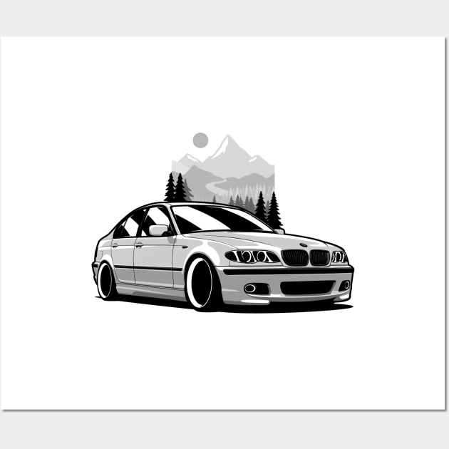 White E46 Sedan Mountains Wall Art by KaroCars